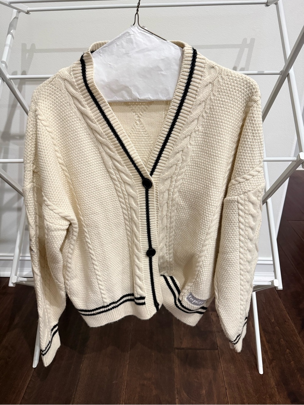 Taylor Swift Cream Cable-Knit V-Neck Cardigan Sweater with Navy Trim - Size S